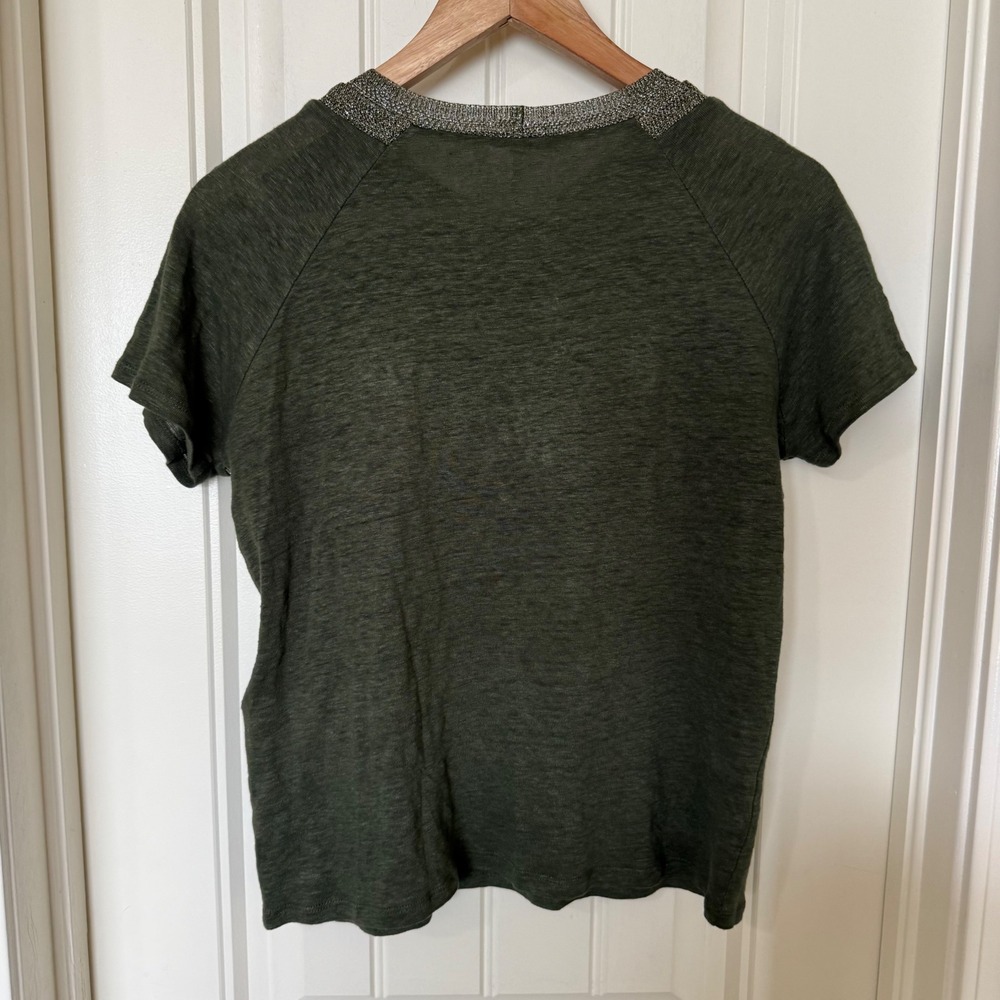 Maje Top Women Size 1 Olive Green‎ Excellent Metallic Trim Linen Raglan Tee - Picture 5 of 7
